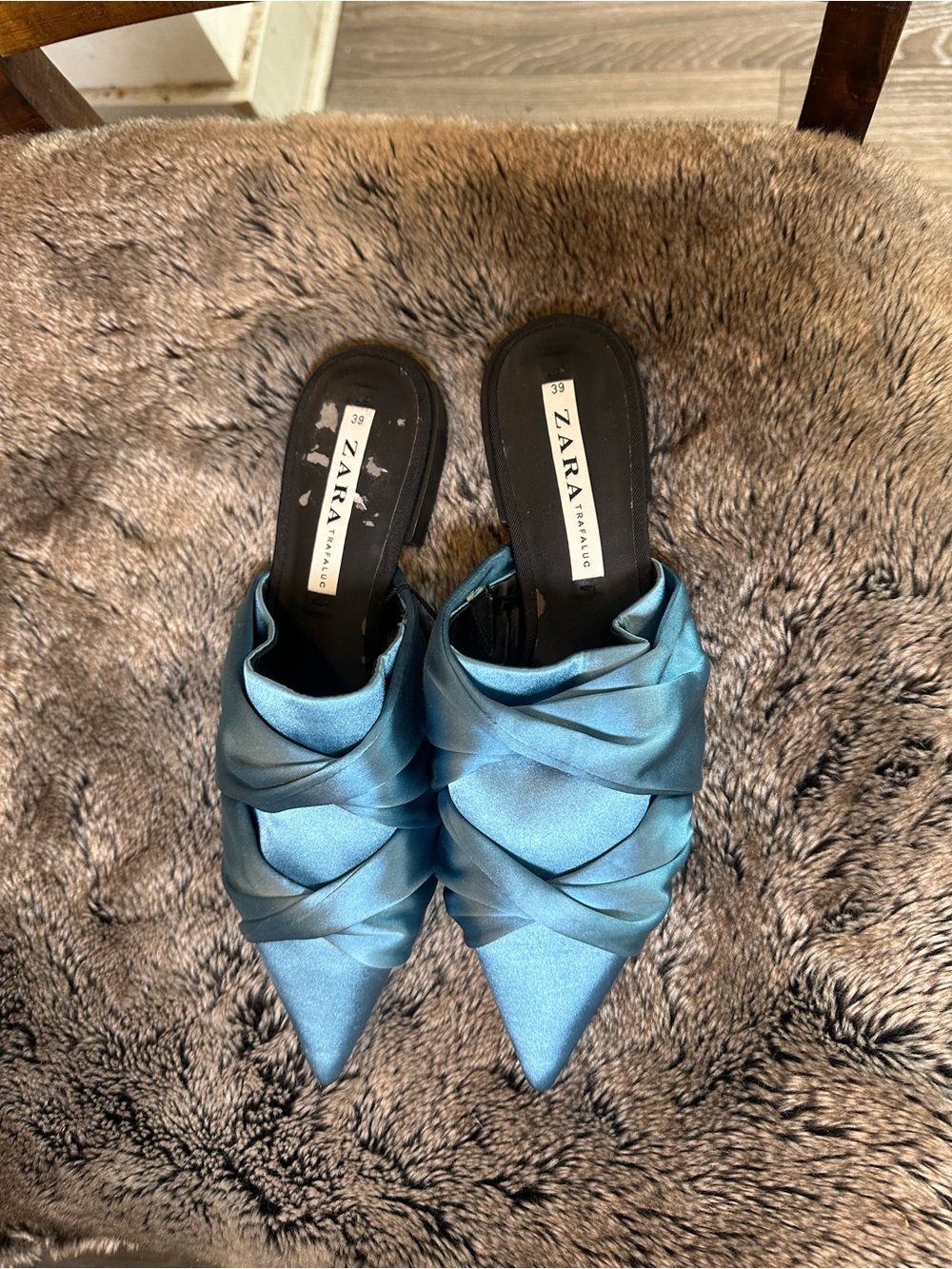 NEW Zara Trafaluc Satin Gathered Slip On Aqua Pointy Toe  Blue Mules Flats, 39
